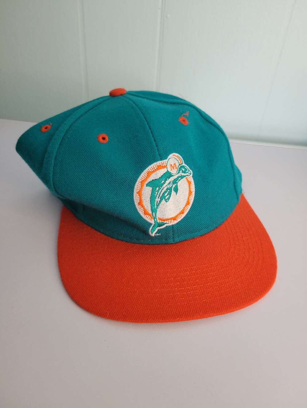 Vtg 90s Miami Dolphins Snapback Hat NWT Logo 7 Wool Blend Teal Orange NFL Cap